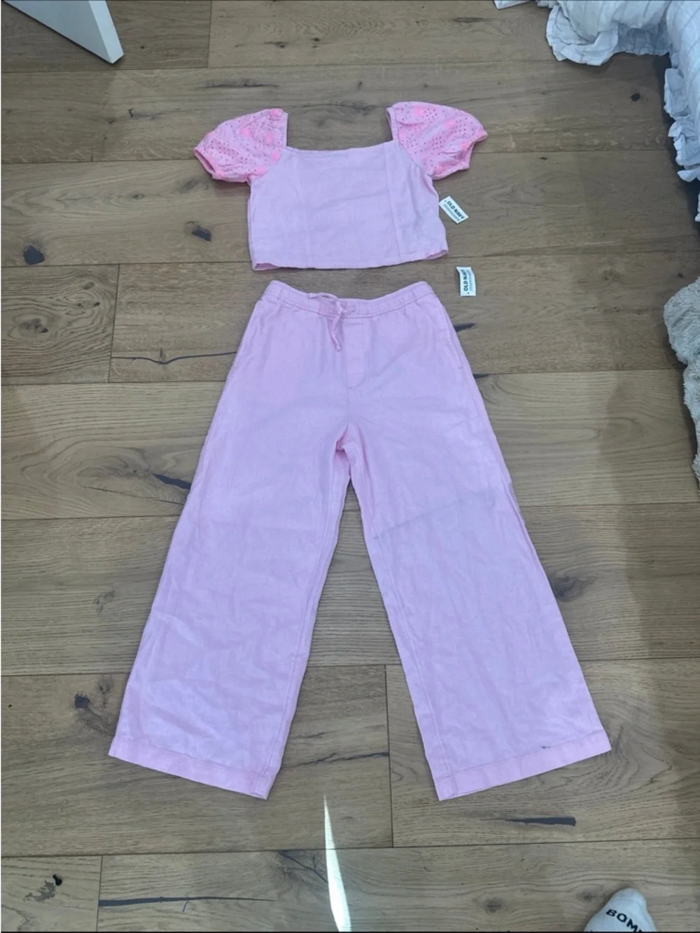 Old navy linen blend set pink matching puff sleeve 10 NWT